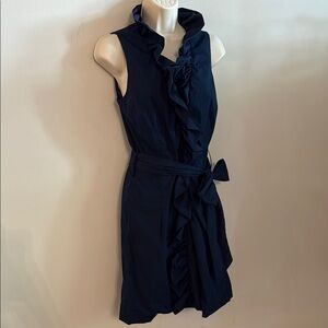 Milly Navy Ruffle Sleeveless Tie-Waist Mini Dress